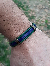 Erkek Deri Bileklik Mıknatıslı Kilit Kapama Lacivert  - Yeşil