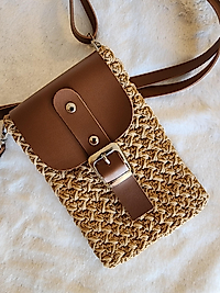 El yapımı deri kapaklı telefon çantası latte