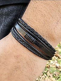 Deri Mıknatıslı Tasarım Bileklik Siyah